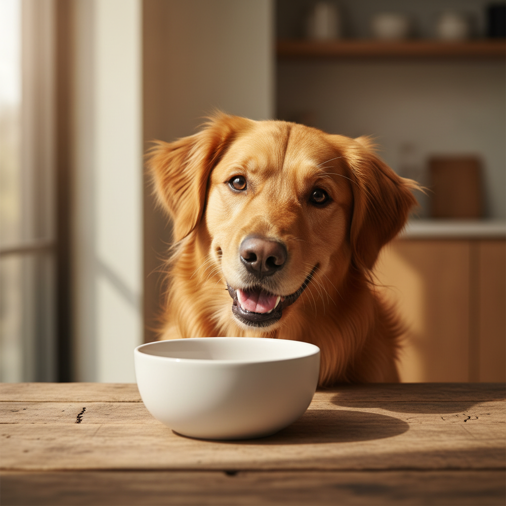 VIP-Opening mit Wau: So wird Ihre Neueröffnung ein Hunde-Highlight | Pfotenmahl Glücklicher, gesunder Hund der neugierig in eine moderne Futterschale auf einem rustikalen Holztisch blickt, sanftes natürliches Licht