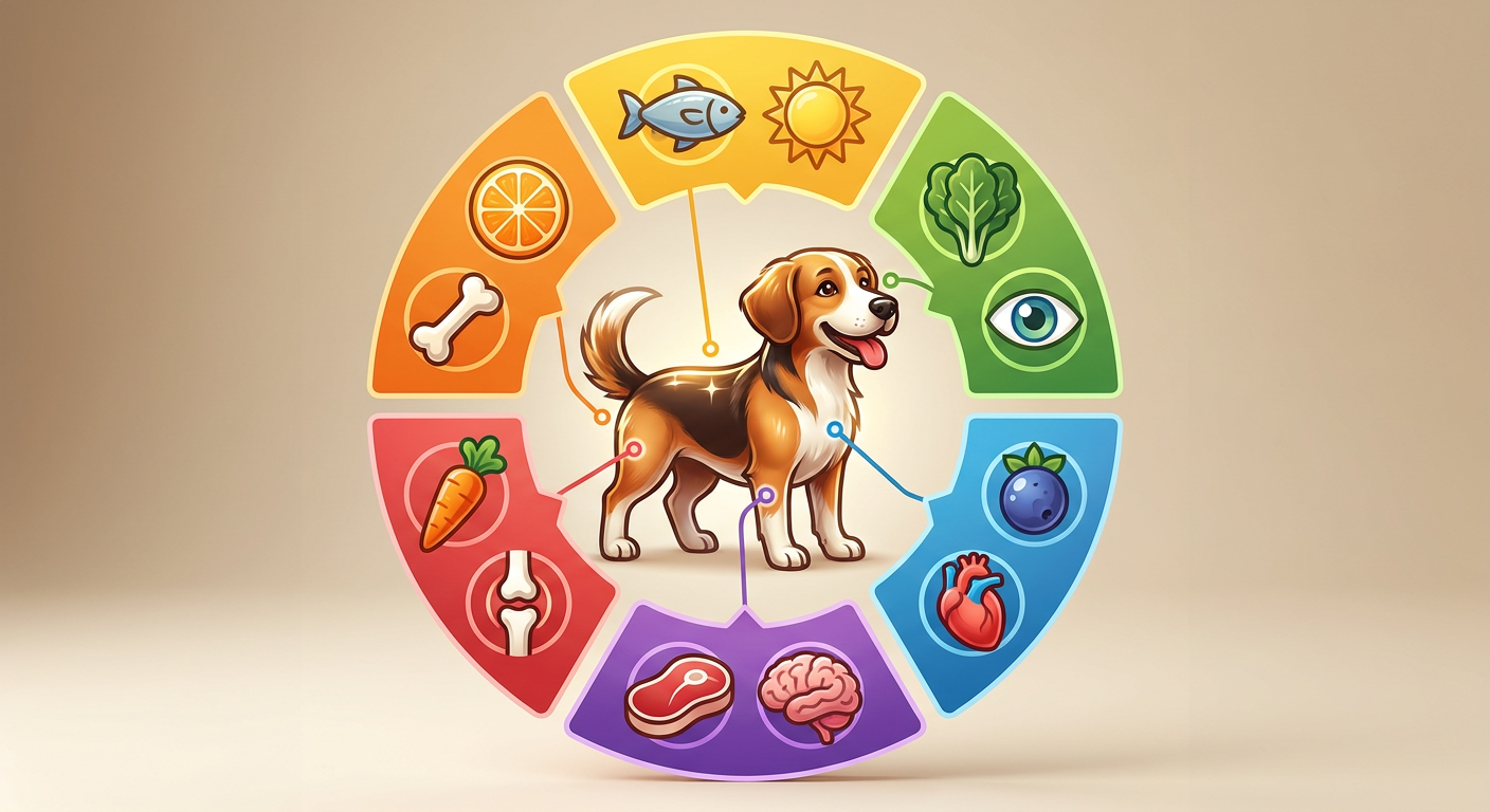 Vitamine für Hunde: Was Ihr Vierbeiner wirklich braucht | Pfotenmahl Infografik: Übersicht essenzielle Vitamine Hund und ihre Funktionen für die Gesundheit, mit symbolischen Darstellungen von Organen und Körperfunktionen.