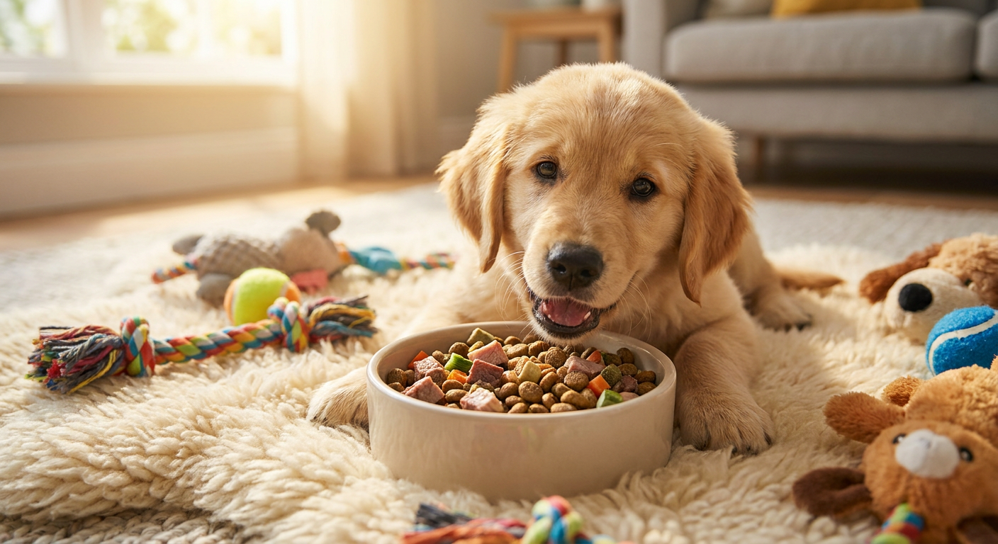 Welpenfütterung: Dein Leitfaden für ein gesundes Hundekind | Pfotenmahl Süßer Welpe frisst glücklich aus einer Futterschale, umgeben von welpengerechtem Spielzeug auf einem weichen Teppich, Symbol für gesunde Ernährung und artgerechte Haltung.