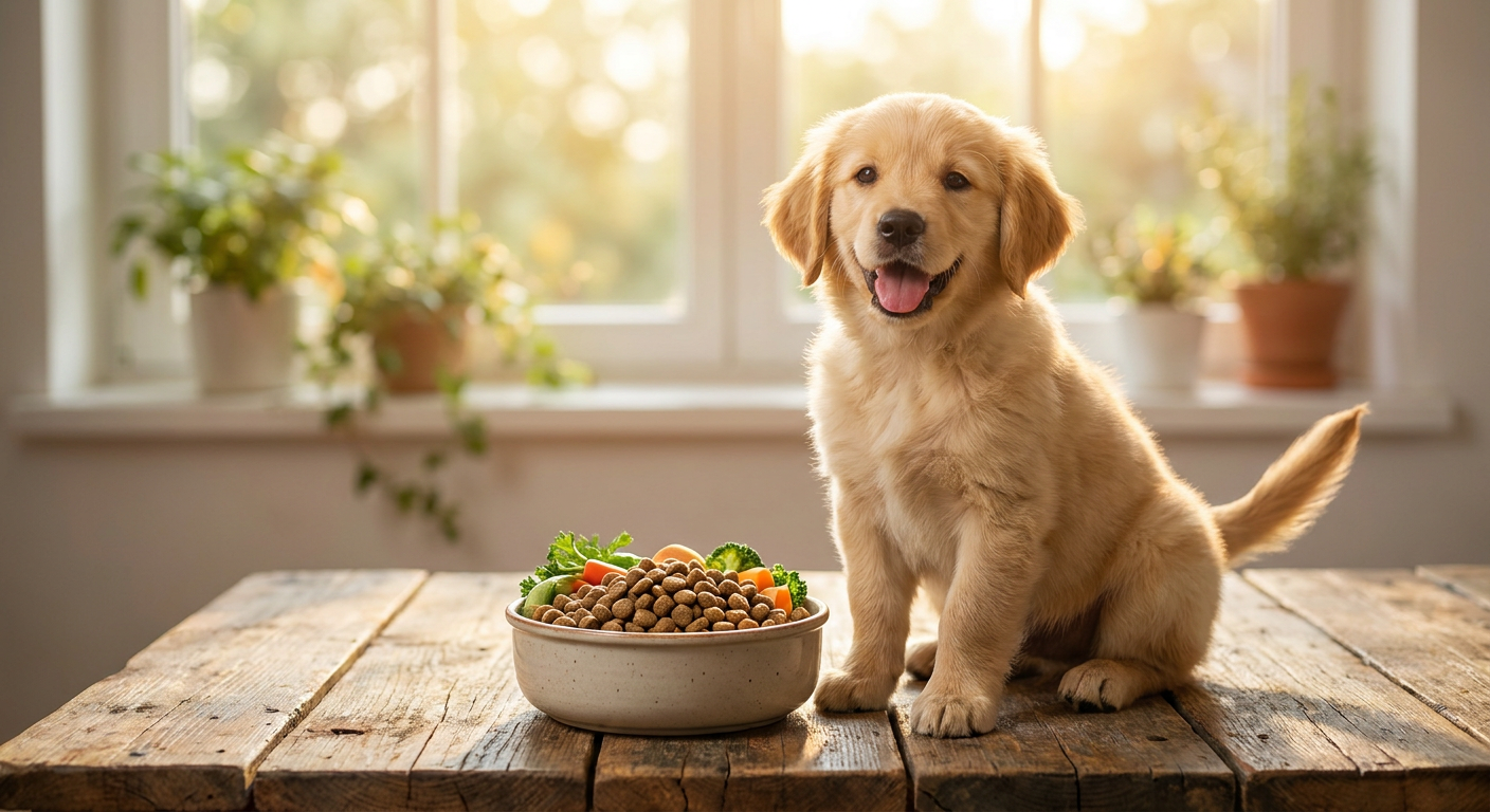 Welpenfutter richtig wählen: So wächst Ihr Hund gesund heran | Pfotenmahl Ein glücklicher und gesunder Welpe sitzt vor einem Napf mit hochwertigem Welpenfutter auf einem rustikalen Holztisch, im Hintergrund sanftes, natürliches Licht