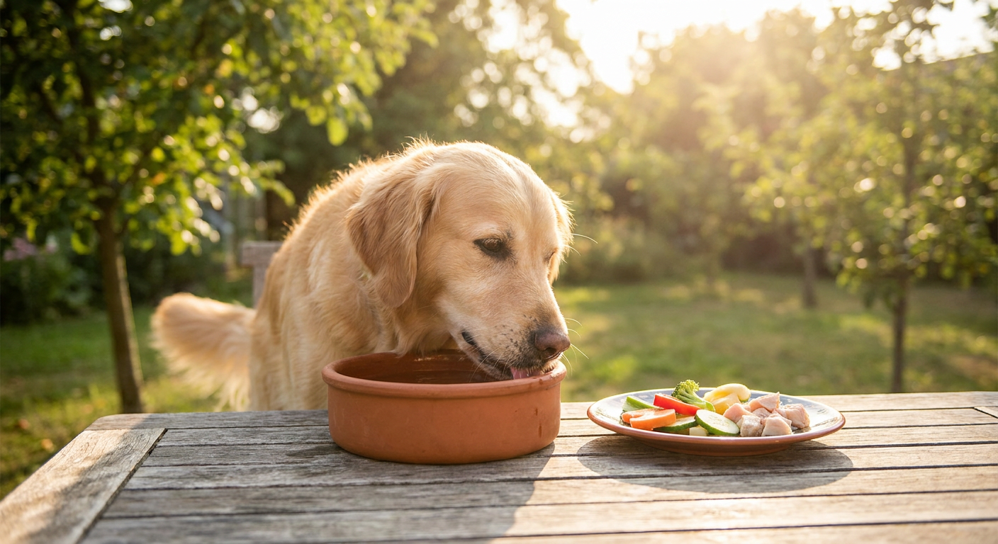 Weniger Futter im Sommer für Hunde: So geht’s richtig! | Pfotenmahl Ein glücklicher Hund trinkt in der Sommerhitze aus einem Wassernapf, neben ihm steht eine Schale mit leichtem Futter