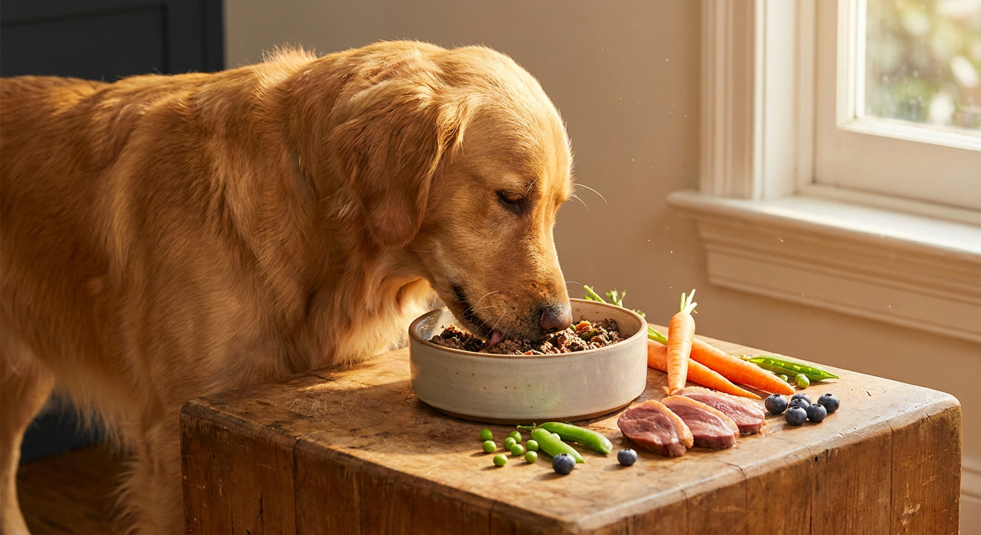 Glücklicher, gesunder Hund, der genüsslich aus einem Napf mit Wild Duck Nassfutter frisst, umgeben von frischen Zutaten.