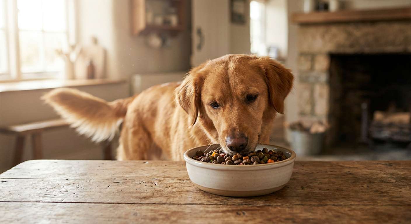 YDOLO: Darum ist es unser Favorit für gesundes Hundefutter | Pfotenmahl Glücklicher, gesunder Hund, der aus einer Schüssel mit frischem YDOLO-Futter auf einem rustikalen Holztisch frisst