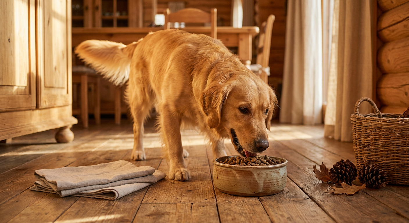 Z/D Hundefutter: Eine wissenschaftliche Wahl für sensible Mägen | Pfotenmahl Glücklicher, gesunder Hund frisst aus dem Napf, umgeben von natürlichen Materialien wie Holz und Leinen. Symbolisiert hochwertige Ernährung.