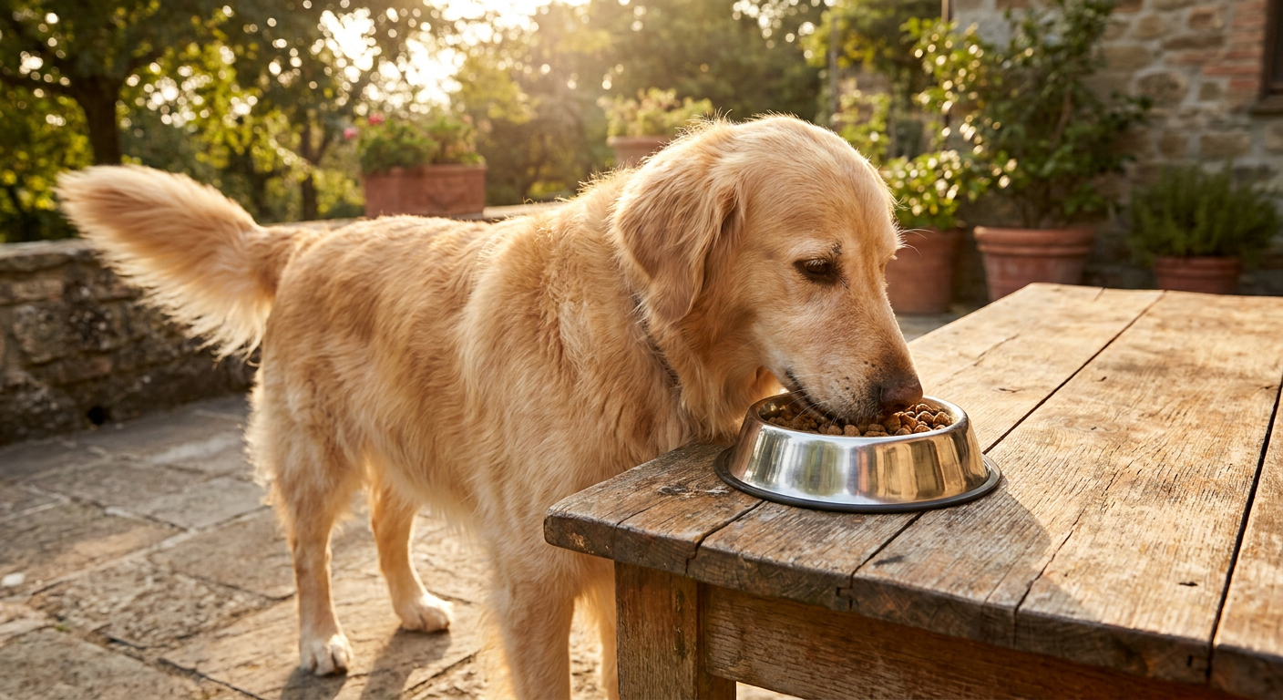 ZooRoyal Hundefutter im Test: Alle Infos & Erfahrungen | Pfotenmahl Glücklicher, gesunder Hund, der aus einer Edelstahlschüssel auf einem rustikalen Holztisch frisst, mit weichem, natürlichem Licht.